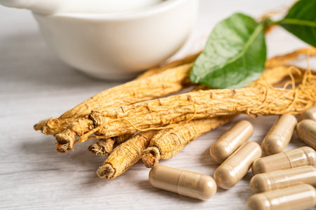 Ginseng, dried vegetable herb. Healthy food famous export food in Korea country.の写真素材