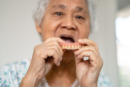 Asian elderly woman patient holding to use denture, healthy strong medical concept.の写真素材