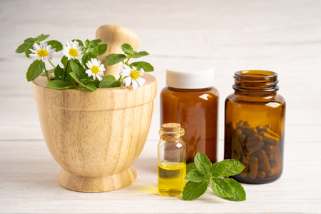 Alternative medicine herbal organic capsule with vitamin E omega 3 fish oil, mineral, drug with herbs leaf natural supplements for healthy good life.の写真素材