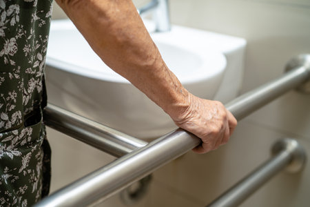 Asian elderly woman patient use toilet bathroom handle security in nursing hospital, healthy strong medical concept.の写真素材