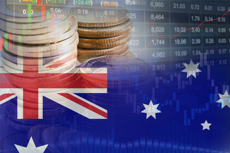 Stock market investment trading financial, coin and Australia flag or Forex for analyze profit finance business trend data background.の写真素材