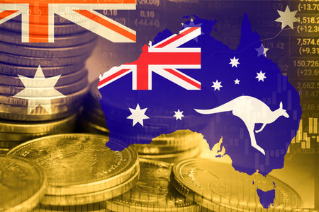 Stock market investment trading financial, coin and Australia flag or Forex for analyze profit finance business trend data background.の写真素材