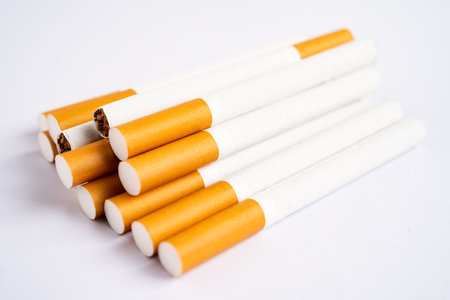 Cigarette, tobacco in roll paper with filter tube, No smoking concept.の写真素材