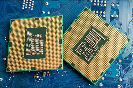 CPU, central processor unit chip Chip on circuit board in PC and laptop computer technology.