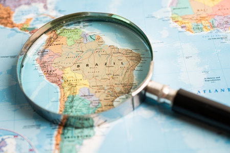 Bangkok, Thailand January 20, 2022 Brazil, Magnifying glass on world map, travel, geography, tourism...