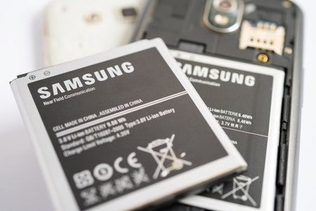 BANGKOK,THAILAND. MAY 1 2023 technician repairing and insert battery for Smartphone SAMSUNG.