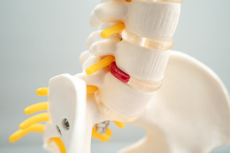 Lumbar spine displaced herniated disc fragment, spinal nerve and bone. Model for treatment medical...