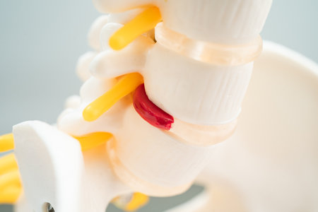 Lumbar spine displaced herniated disc fragment, spinal nerve and bone. Model for treatment medical...