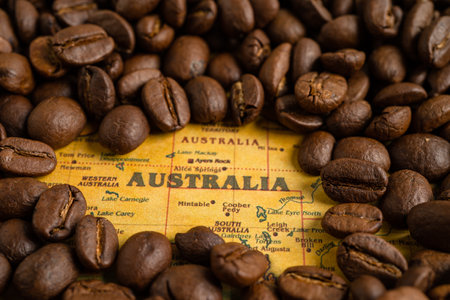 Bangkok, Thailand March 14, 2023 Coffee bean on Australia map, import export trade online commerce concept.のeditorial素材