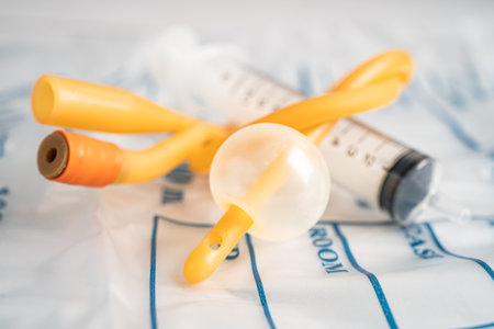 Foley urinary catheter with urine bag for disability or patient in hospital.
