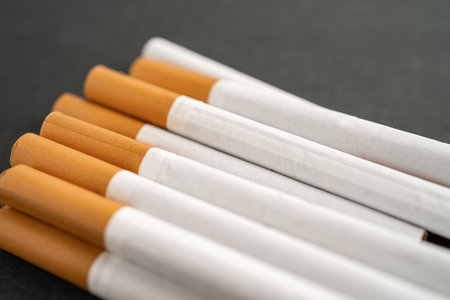 Cigarette, tobacco in roll paper with filter tube, No smoking concept.の写真素材