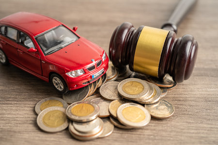 Bangkok, Thailand, January 1, 2023 Hammer gavel judge and money with car vehicle accident, insurance coverage claim lawsuit court case.のeditorial素材