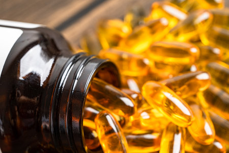 Fish oil Omega 3 capsules vitamin with EPA and DHA isolated on white background.の写真素材