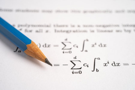 Pencil on mathematic formula exercise test paper in education school.の写真素材