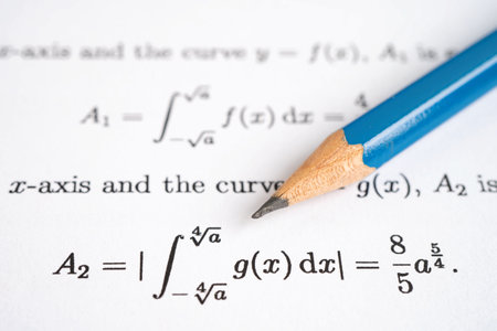 Pencil on mathematic formula exercise test paper in education school.の写真素材