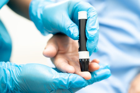 Doctor check diabetes from finger blood sugar level with finger lancet.