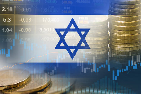 Stock market investment trading financial, coin and Israel flag or Forex for analyze profit finance business trend data background.の写真素材