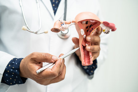 Uterus, doctor holding anatomy model for study diagnosis and treatment in hospital.の写真素材