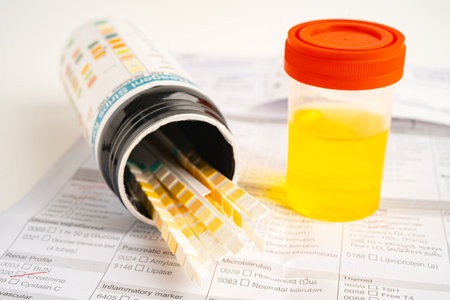 Urinalysis, urine cup with reagent strip pH paper test and comparison chart in laboratory.の写真素材