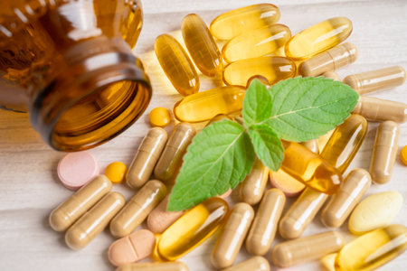 Alternative medicine herbal organic capsule with vitamin E omega 3 fish oil, mineral, drug with herbs leaf natural supplements for healthy good life.の写真素材