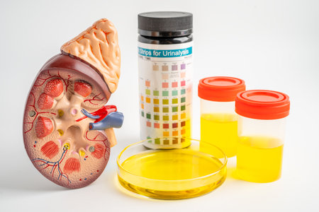 Urinalysis, Kidney model and urine cup with reagent strip pH paper test and comparison chart in...