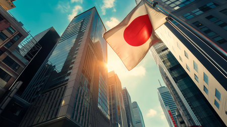 Japan national flag and government building with skyscrapers at sunset.の素材