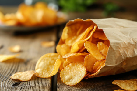Potato chips, slice deep fried snack fast food in open bag.の素材