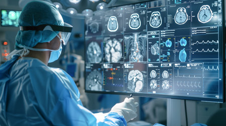 Doctor professional watching brain scans results in computer monitors at control room.の素材