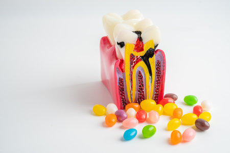 Tooth decay model with colorful candy sweet food on white background with copy space.の写真素材