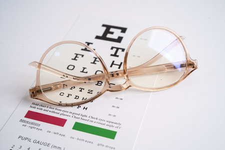 Glasses on eye testing exam chart to check eyesight accuracy of reading.