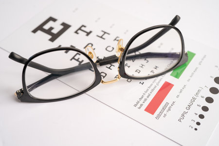 Glasses on eye testing exam chart to check eyesight accuracy of reading.の写真素材