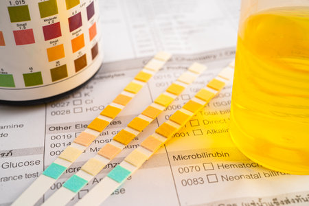 Urinalysis, urine cup with reagent strip pH paper test and comparison chart in laboratory.の写真素材