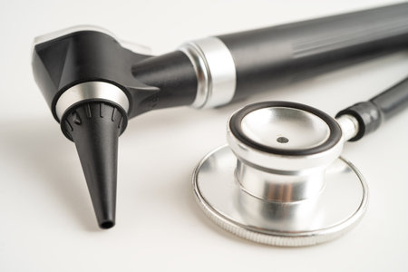 Otoscope for audiologist or ENT doctor use otoscope checking ear and treate hearing loss problem.の写真素材