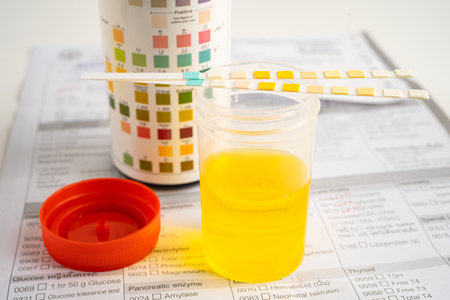Urinalysis, urine cup with reagent strip pH paper test and comparison chart in laboratory.