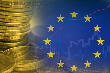 Stock market investment trading financial, coin and EU flag or Forex for analyze profit finance...