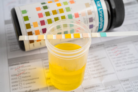 Urinalysis, urine cup with reagent strip pH paper test and comparison chart in laboratory.の写真素材
