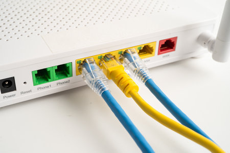 Ethernet cable with wireless router connect to internet service provider internet network.