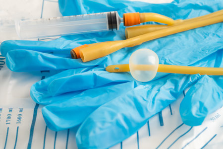 Foley urinary catheter with urine bag for disability or patient in hospital.の写真素材
