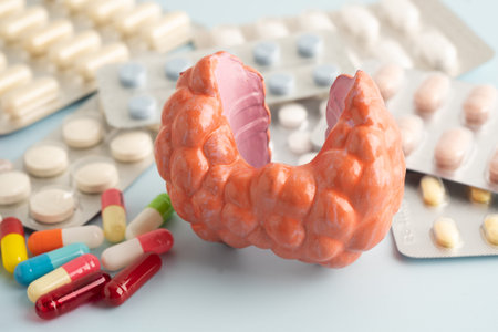 Thyroid model with pill drug treatment, Hyperthyroidism, Overactive or Lymphoma.