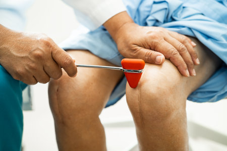 Asian doctor physiotherapist examining, massaging and treatment knee and leg of senior patient in orthopedist medical clinic nurse hospital.の写真素材