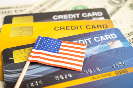 Credit card model with US America flag, financial investment economy business banking.の写真素材