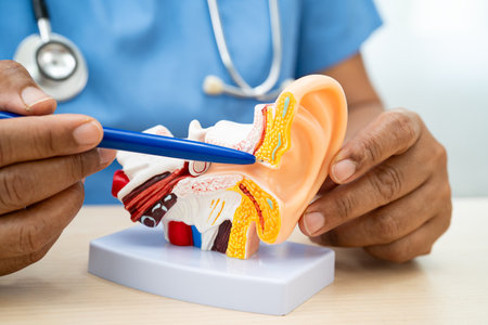 Asian doctor holding human ear model to learn and treat hearing loss in patient.の写真素材
