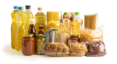 Foodstuff for donation, storage and delivery. Various food, pasta, cooking oil and canned food in...