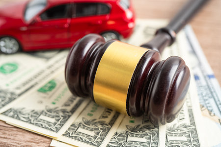 Hammer gavel judge and Euro banknote money with car vehicle accident, insurance coverage claim lawsuit court case.の写真素材