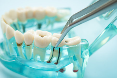 Dental teeth model with dentist tool for dentistry.