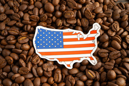 US America flag on coffee bean, import export trade online commerce.の写真素材