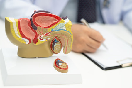 Male reproductive system, Asian doctor holding human anatomy model for study diagnosis and treatment...