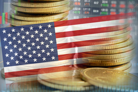 Stock market investment trading financial, coin and US America flag finance business.の写真素材