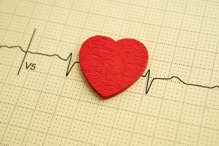 Red heart on electrocardiogram ECG with red heart, heart wave, heart attack, cardiogram report.の写真素材