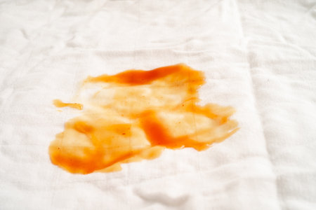 Dirty tomato sauce stain or ketchup on cloth to wash with washing powder, cleaning housework.の写真素材